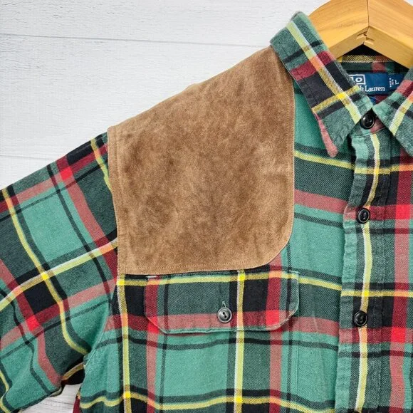 VTG Polo by Ralph Lauren Tartan Plaid Flannel Shirt Suede Shoulder Patch Size L - Picture 7 of 13
